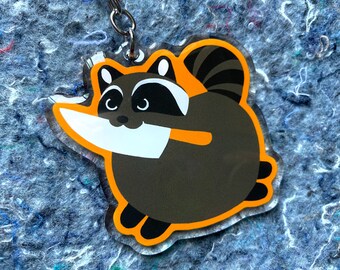 Fat Knife Raccoon Halloween acrylic keychain, keyring, charm, key fob. Cute, witchy, funny, goth, animal lover!