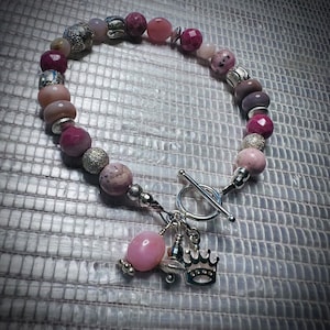 Rhodochrosite, rhodonite and pink Peruvian opal bracelet with diamond cut Sterling beads