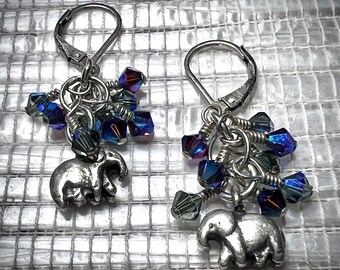 Smoky Blue Crystal & Sterling Silver Elephant Earrings – 1” Dangles