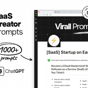 Puede incluir: Una pantalla digital con el texto "SaaS Creator Prompts" y "1000+ prompts" con un logotipo de ChatGPT. La página web muestra "Virall Prompts" y contenido sobre la creación de Software as a Service (SaaS). Una insignia "ORIGINAL" está en la esquina superior derecha.