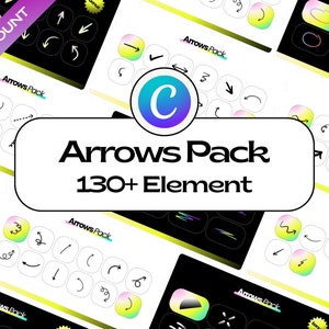 Puede incluir: Un paquete de diseño gráfico digital con más de 130 elementos de flecha. El diseño incluye varios estilos de flecha, con una combinación de colores degradados y el texto "Arrows Pack 130+ Element". El fondo es negro con acentos de neón.