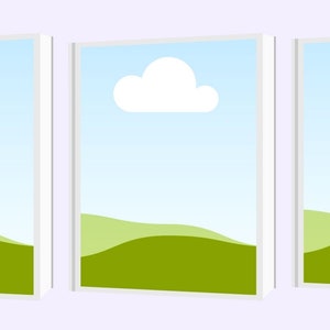 May include: Three white framed windows with a view of a green grassy field and a single white cloud in a blue sky.