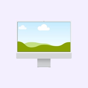 May include: A white desktop computer with a blue sky and green hills background on the screen.