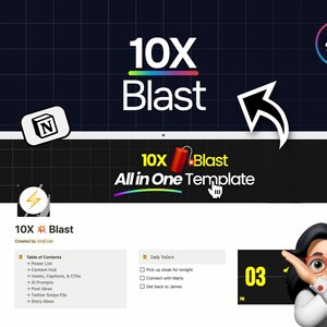 May include: A computer screen displaying a 10X Blast All in One Template, a digital product for creating social media content. The template includes a table of contents, daily to-do list, and a section for posting ideas. The screen is surrounded by a black and white grid pattern.