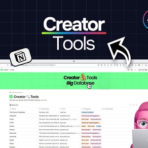 Może przedstawiać: Zrzut ekranu strony internetowej o nazwie "Creator Tools Big Database" z listą narzędzi dla twórców. Strona internetowa jest zielona i biała z listą narzędzi, opisami, kategoriami i cenami. Strona internetowa znajduje się na ekranie laptopa z różową postacią z kreskówek patrzącą na ekran.