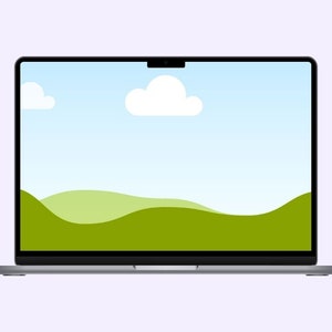 May include: A silver laptop computer with a black screen displaying a green field and a blue sky with white clouds.