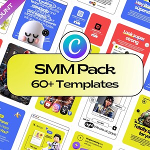 Può includere: Una grafica gialla e nera con il testo "SMM Pack 60+ Templates" in nero. La grafica è circondata da modelli di social media colorati con vari personaggi dei cartoni animati e design.