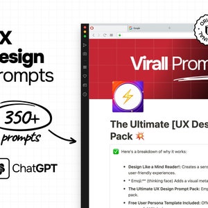 Puede incluir: Una pantalla de ordenador que muestra un sitio web con un fondo rojo y negro. El sitio web presenta un icono de rayo y el texto "Virall Prompts" y "The Ultimate [UX Design] Pro Pack". El texto "Here's a breakdown of why it works:" también es visible en la pantalla.