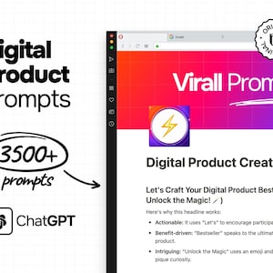 Może przedstawiać: Ekran komputera wyświetlający stronę internetową z różowym i fioletowym tłem. Strona internetowa nazywa się "Viral Prompts" i zawiera nagłówek, który brzmi: "Let's Craft Your Digital Product Bestseller! (Click to Unlock the Magic! ✨)". Strona internetowa zawiera również listę punktów, które wyjaśniają, dlaczego nagłówek działa.