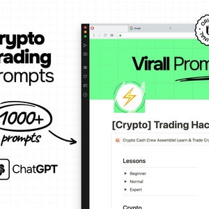 May include: A computer screen displaying a website with the title "Virall Prompts" and a green background. The website features a section titled "[Crypto] Trading Hack Prompts" with a yellow star icon and the text "Crypto Cash Crew Assemble! Learn & Trade Crypto with Us! (No Ex". There are also sections titled "Lessons" and "Tools" with bullet points listing different topics and resources.
