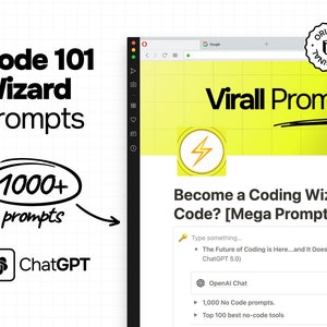 May include: A computer screen displaying a website with a yellow background and the text "Virall Prompts". The website offers 1,000+ no-code prompts for ChatGPT and OpenAI Chat.