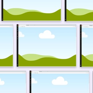 May include: A collage of nine browser windows with a simple landscape background. Each window shows a blue sky with white clouds and a green rolling hill in the foreground.