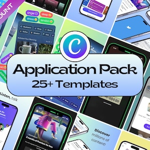 以下が含まれることがあります： モバイルアプリテンプレートの様々な種類を展示した、カラフルなアプリ画面のコラージュ。青いボックスに「Application Pack 25+ Templates」というテキストが表示されています。