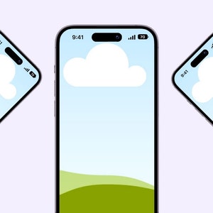 May include: Three identical smartphones with black bezels and a white cloud icon on a blue sky background with green hills at the bottom. The time on the screen is 9:41.