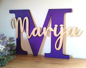 Placa de madeira personalizada com nome: Decoração para quarto de bebê, Letras para quarto infantil