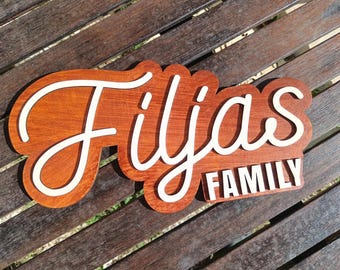 Puede incluir: Un letrero de madera personalizado con la palabra Filjas en una letra cursiva blanca grande sobre un fondo de madera teñida de marrón oscuro, con la palabra FAMILY en letras de bloque blancas debajo a la derecha.