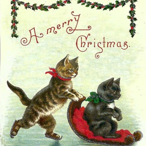 Kätzchen Rodeln Eine frohe Weihnachten-Postkarte von Cavallini zum Verschicken oder zum Einrahmen, Buchgestaltung, Collage, Scrapbooking, Papierkunst PSS 5697