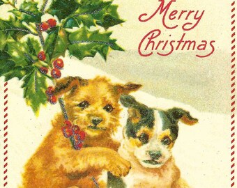 Puppies Sledding Merry Christmas Postcard by Cavallini to Mail or to Frame, Book Making, Collage, Scrapbooking, Paper Arts PSS 5693