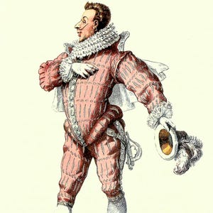 May include: A detailed illustration of a man in a Renaissance costume. The figure is dressed in a red and pink suit with a white ruffled collar and cuffs. He holds a hat with feathers. The name "Leandro" is written below.