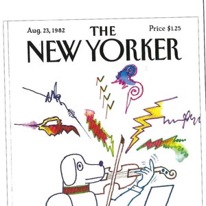 Postkarte New Yorker Magazin Cover Aug. 23, 1982 Hund spielt eine Geige von Saul Steinberg zum Einrahmen oder für Paper Arts PSS 5370