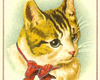 以下が含まれることがあります： 赤い蝶ネクタイをしたかわいい猫が描かれた、ビンテージのクリスマスカード。カードは薄い黄色の背景に、かすかな斑点模様があり、「Christmas Wish.」の文字が書かれています。