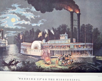 Wooding Up on the Missippii Currier & Ives' Lithograph Reprint Vintage Americana Folk Art Illustration PSS 4714