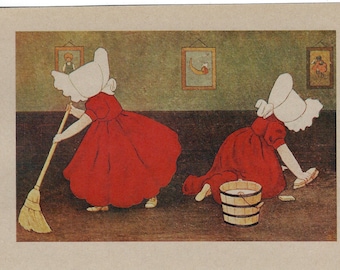 Vintage Sunbonnet Sue Twins Performing Household Chores Collage Paper, Folk Art Clip Art, Paper Ephemera PSS 4535