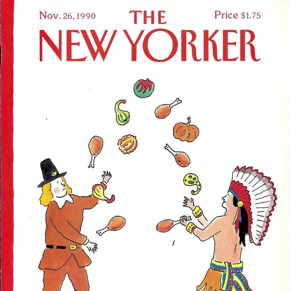 The New Yorker Magazine Cover Nov. 26, 1990, A Pilgrim and Native American Juggle Food by Danny Shanahan to Frame or for Paper Arts PSS 5178