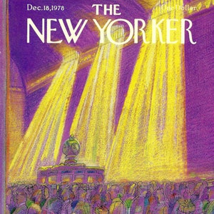 以下が含まれることがあります： 1978年12月18日発行のヴィンテージなニューヨーカー誌の表紙。紫色の空間で、明るい黄色の光の下を歩く人々の群衆が描かれている。表紙には「THE NEW YORKER」と「One Dollar」の文字が書かれている。