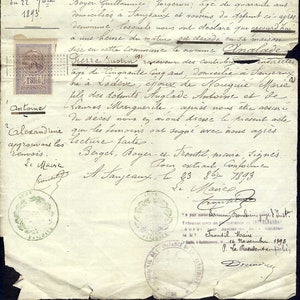 1893 French Notary Legal Document Page with Notary Seal and Tax Stamp to Frame or for Collage, Junk Journals, Paper Arts  PSS 5530