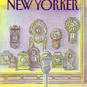 May include: A vintage New Yorker magazine cover illustration featuring a storefront window display of antique clocks and a parking meter. The storefront is painted in shades of yellow, purple, and green. The magazine cover text reads "The New Yorker" and "Mar. 30, 1981".