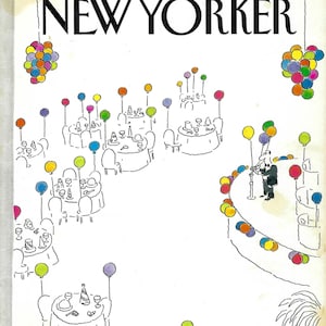 May include: The New Yorker magazine cover from January 2, 1984, featuring a black and white illustration of a party with balloons and a man giving a speech. The cover text reads "THE NEW YORKER" and "Price $1.50".