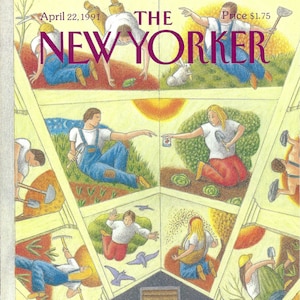 May include: A colorful illustration of a garden scene with multiple people gardening. The illustration is in a cubist style with multiple perspectives. The text "THE NEW YORKER" is in the top center of the image. The text "April 22, 1991" is in the top left corner of the image. The text "Price $1.75" is in the top right corner of the image. The text "Bob Knox" is in the bottom right corner of the image.