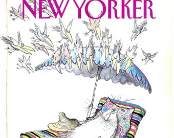 The New Yorker Magazine Cover June 10, 1991, A Cat on a Chaise Surrounded by Birds by Ronald Searle to Frame or for Paper Arts PSS 5676