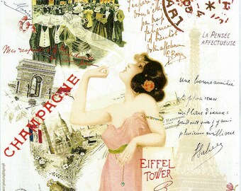 French Pink Champagne Collage Poster to Frame or for Paper Arts, Collage, Scrapbooking PSS 3302