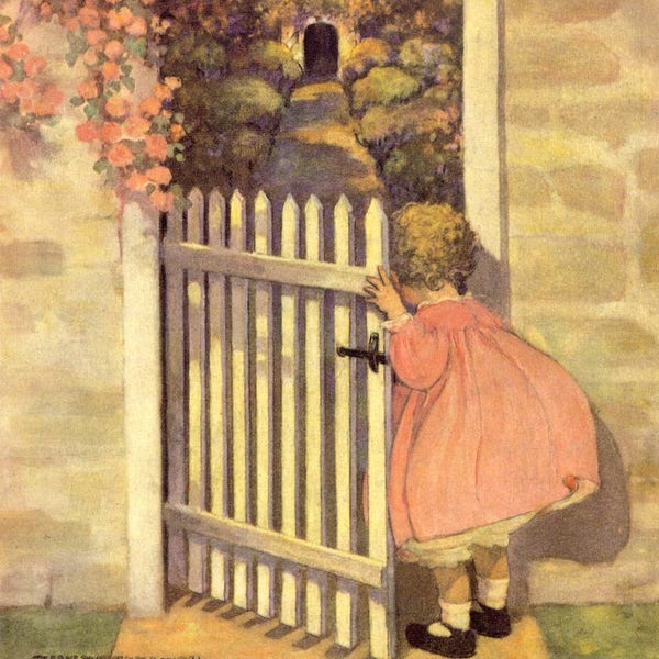 Jessie Willcox Smith Young Girl Peeking in the Garden Gate Digital Collage Sheet Instant Download to Frame or for Paper Arts PSS 3519