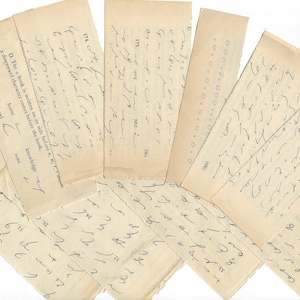 May include: A collection of handwritten notes on small pieces of paper, with various numbers and symbols. The notes are arranged in a fan shape, with the top of each note visible.