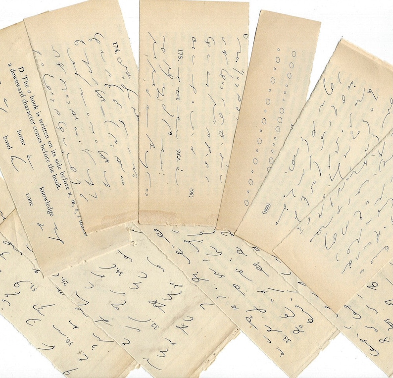 May include: A collection of handwritten notes on small pieces of paper, with various numbers and symbols. The notes are arranged in a fan shape, with the top of each note visible.