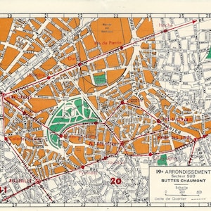 Paris 19th Arrondissement, Buttes Chaumont Map Instant Download Digitale Vintage französische Karte für Junk Journals, Papierkunst, Collage PSS 4690