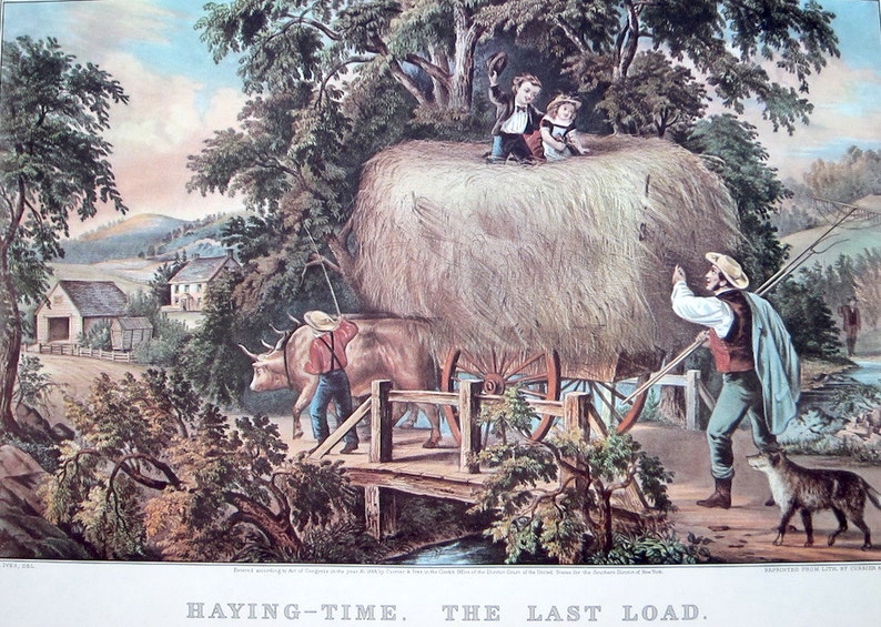 Haying Time The Last Load Currier & Ives' Lithograph Reprint Vintage Americana Folk Art Illustration to Frame or for Paper Arts PSS 2388 image 1