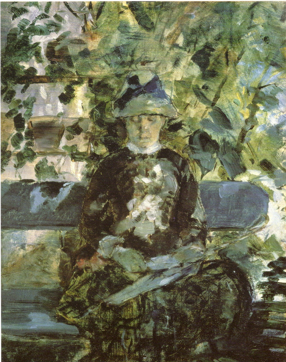 May include: A painting of a person wearing a hat and sitting on a bench in a garden setting. The person is wearing a dark green dress and the background is a blur of green foliage.