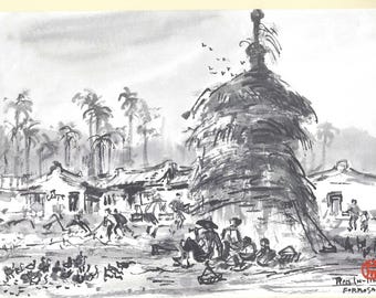 Vintage Ran In-Ting Strawstack Print, 1961 Taiwanese Art