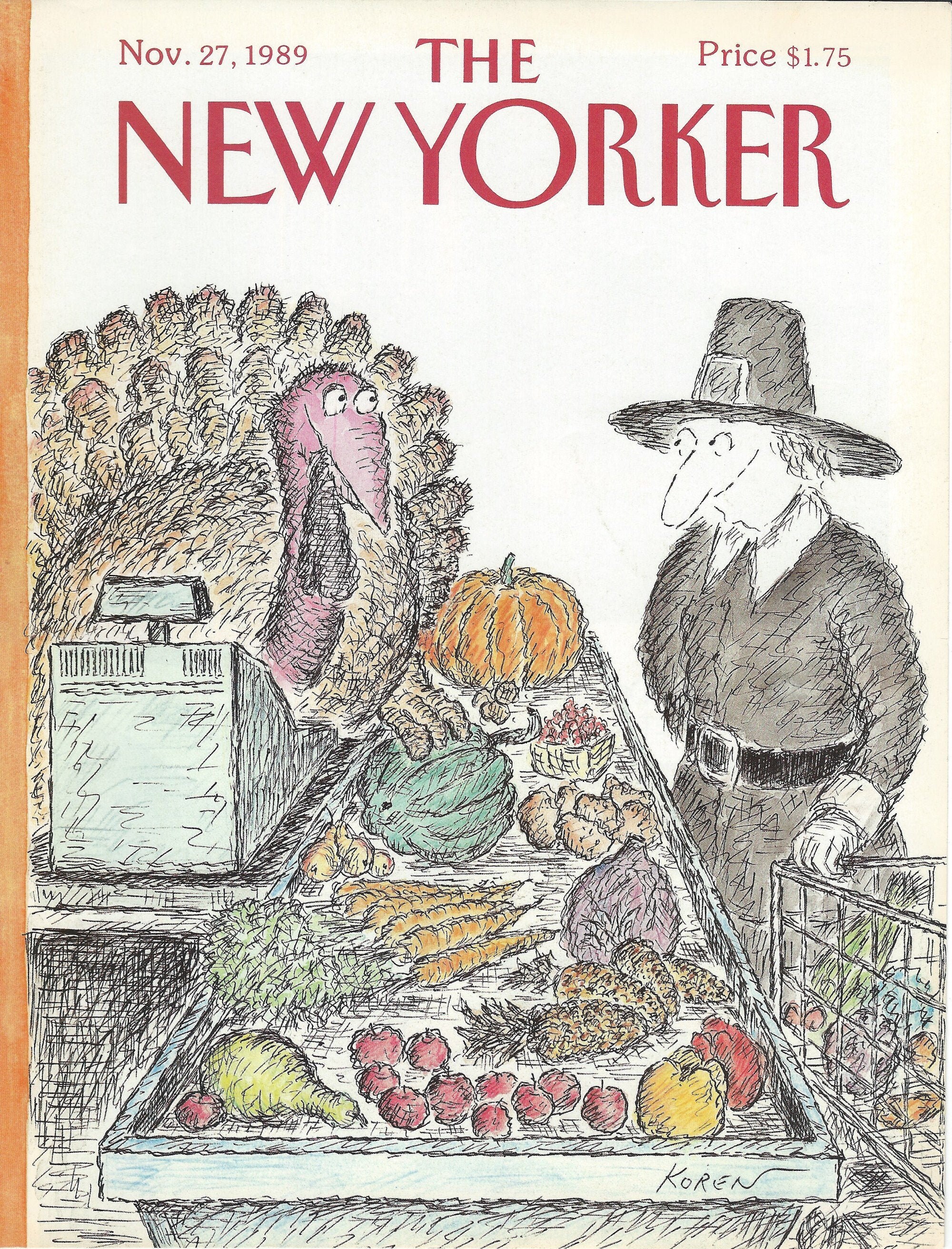 New Yorker Magazine Cover Nov. 27, 1989 Pilgrim Grocery Shopping