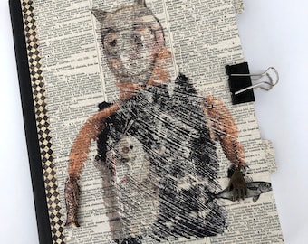 Lined Blank Journal, Notebook, Travel, Writing, Diary, Prayer Journal OOAK Catman Collage Blank Notebook & Bookmark PSS 4392