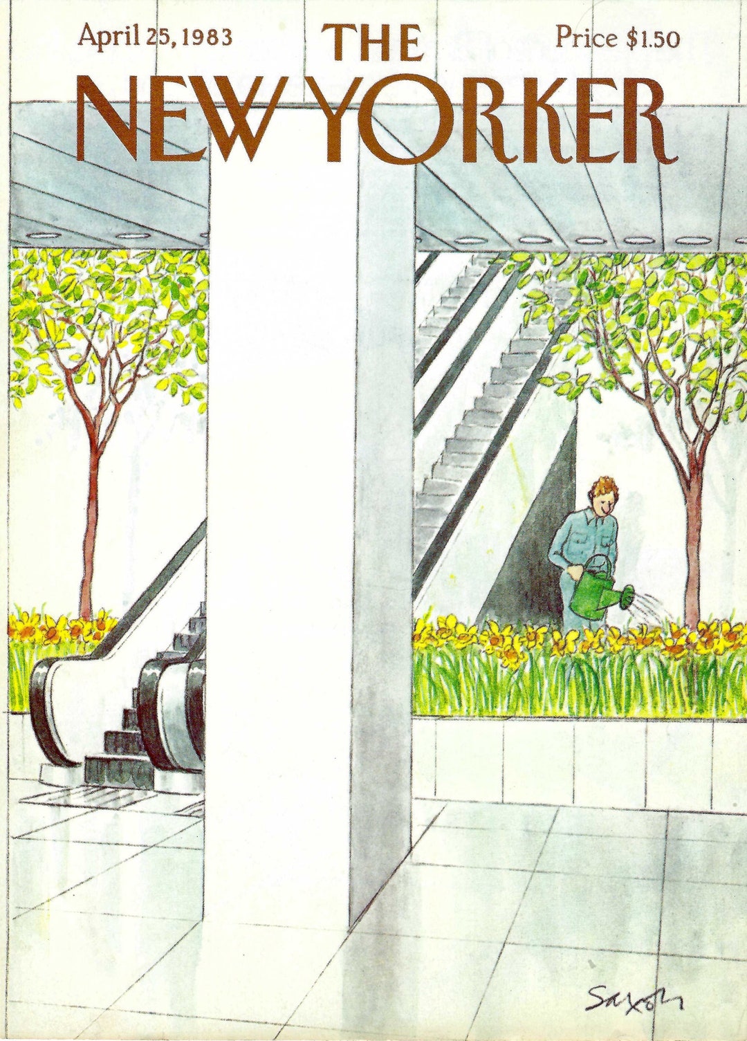 New Yorker Magazine Cover April 25, 1983, Watering Flowers in the