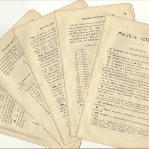 May include: A collection of vintage, yellowed pages from a book on practical arithmetic. The pages contain text about quantity, mathematics, units, numbers, and rules. The text is in a small font and is difficult to read.
