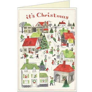 carte de vœux vintage Village de Noël par Cavallini à encadrer ou à utiliser dans des projets d'artisanat PSS 5596