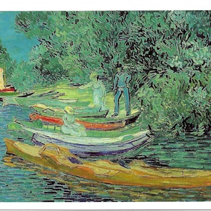May include: Impressionistic painting of a river scene with several boats. The boats are various colors, including yellow, red, and blue. Figures are in the boats and on the riverbank. Lush green foliage lines the river's edge, and the sky is a light blue.