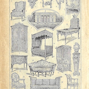French Furniture Style Louis XV-XVI a Rare Antique Book Page Illustration from 1926 French Dictionary, French Costume Civil  PSS 5395