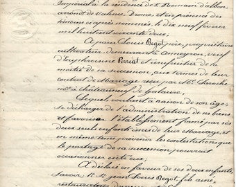 1800年代のフランス公証人による法的文書ページ、8インチ×12インチの